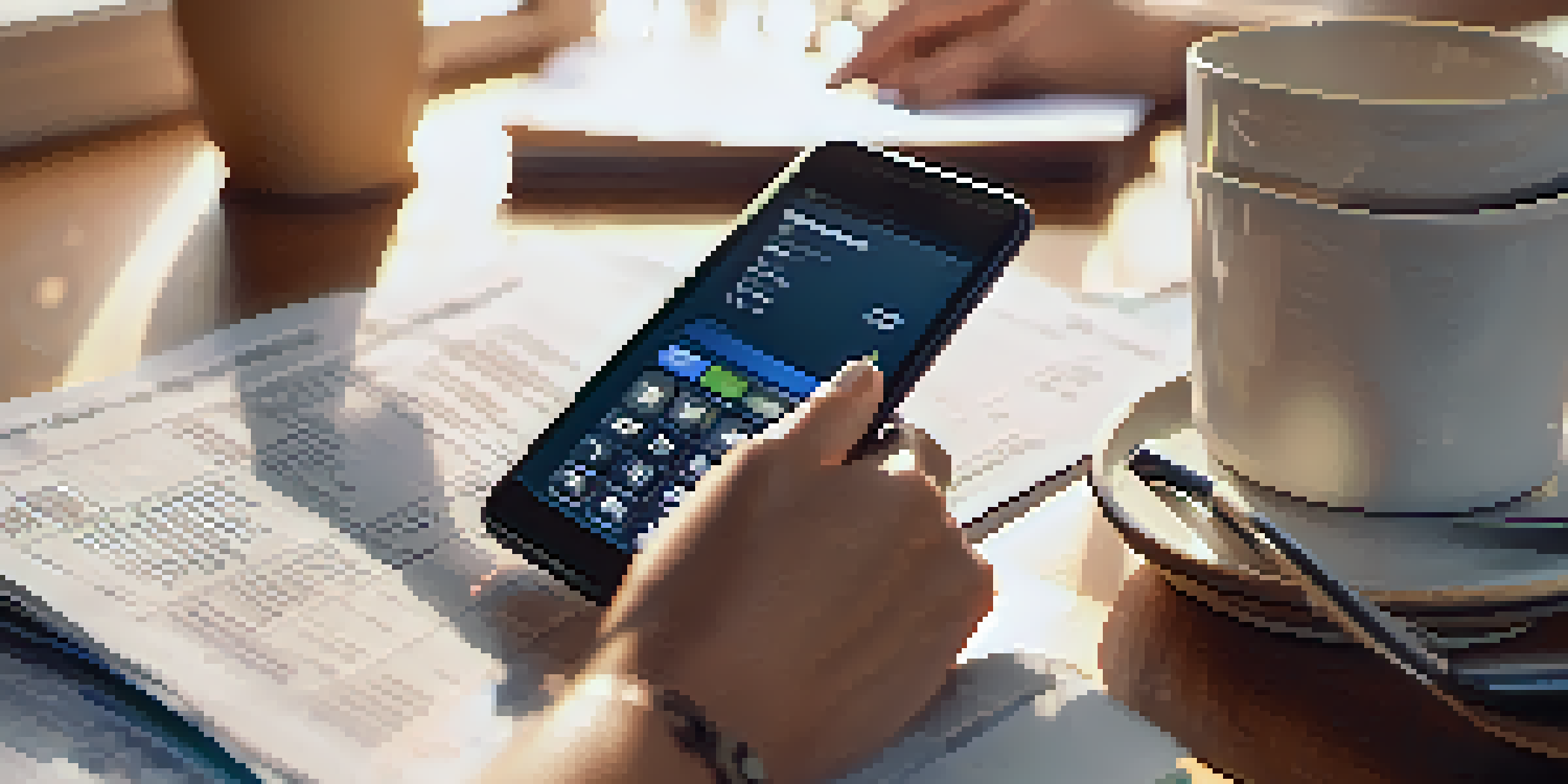A person analyzing finances on a smartphone with documents and a calculator around them, illuminated by warm natural light.