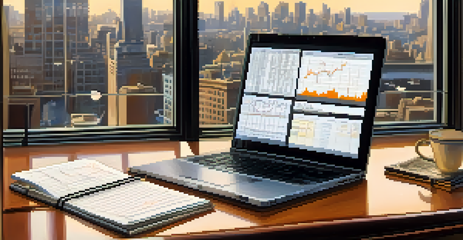 A financial analyst's desk with a laptop showing stock graphs, a notepad, and a cup of coffee, with a city skyline in the background.