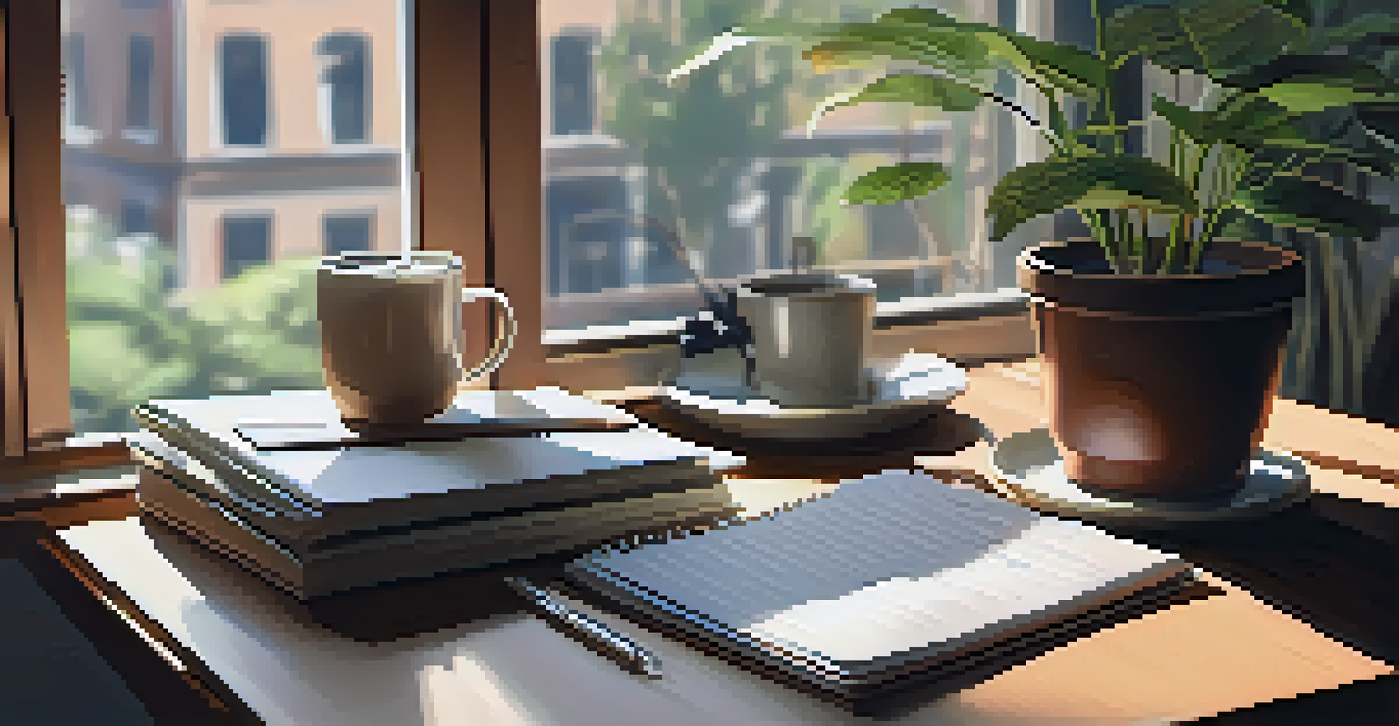 A stylish desk with a laptop, a notepad, a cup of coffee, and a potted plant, illuminated by natural light from a window.