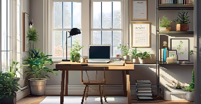 A cozy home office with a desk, laptop, plants, and sunlight streaming through a window.