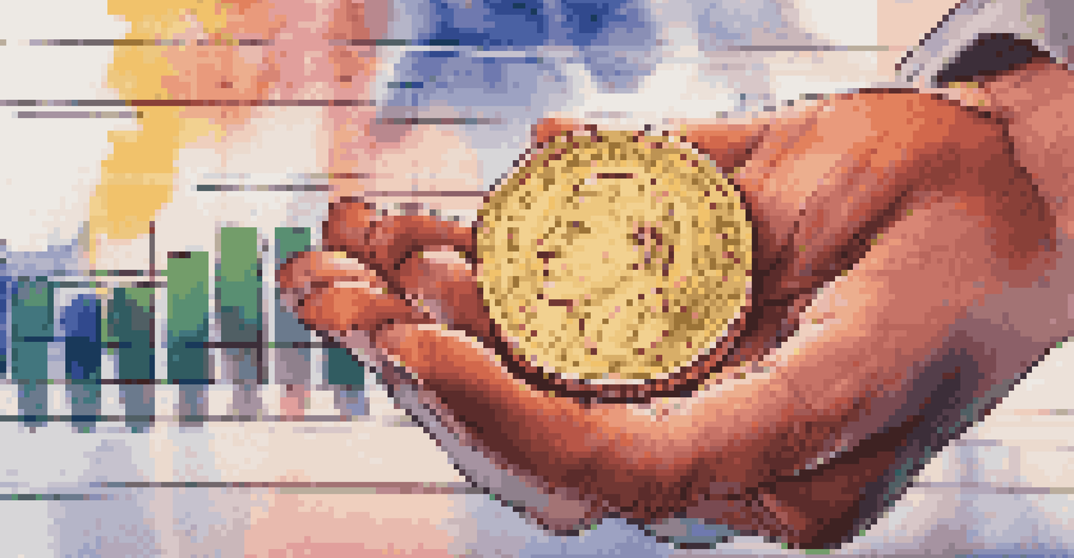 A hand holding a shiny gold coin with stock market charts blurred in the background.
