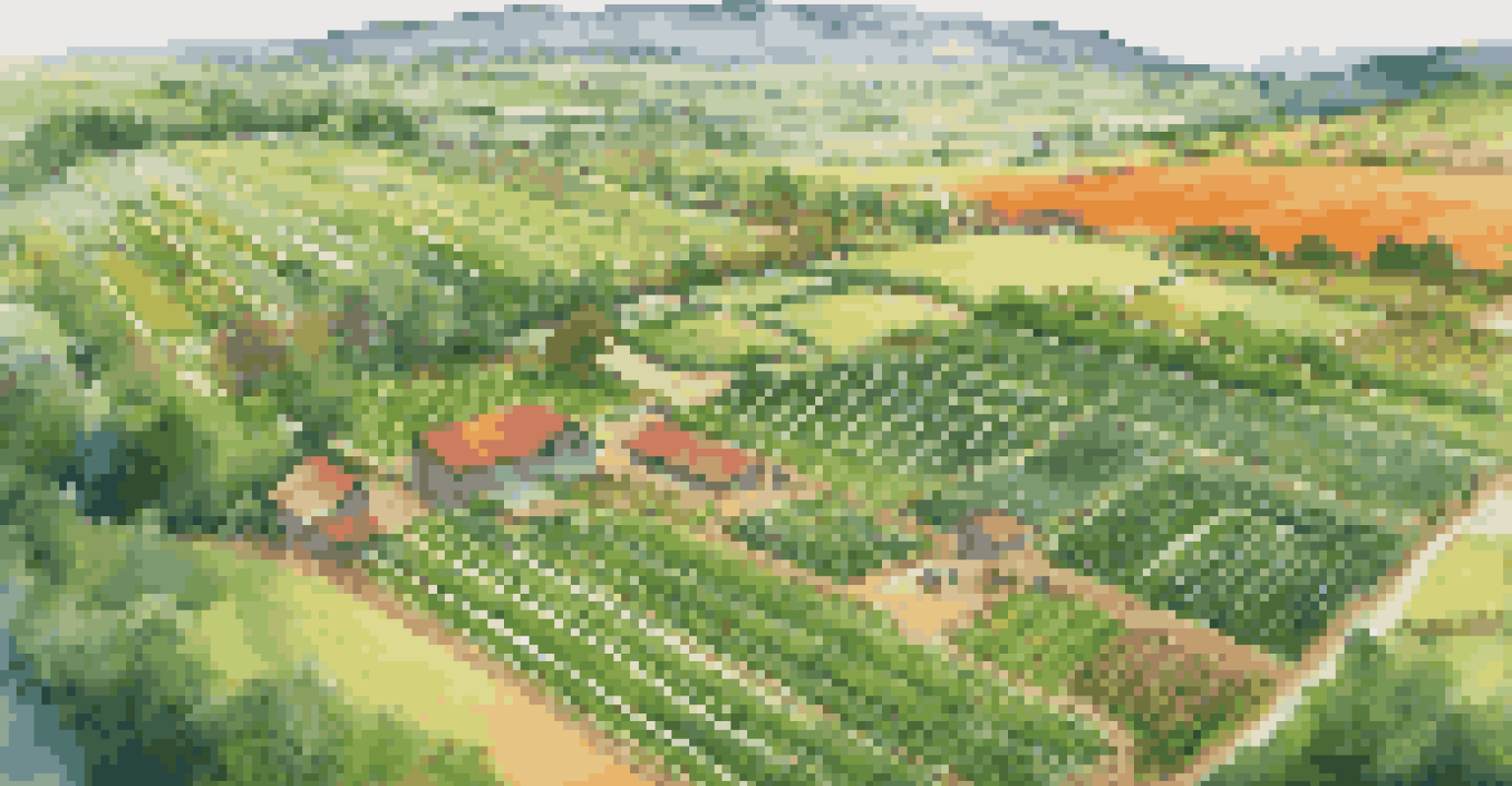 Aerial view of a green landscape showing farmers working together on sustainable agriculture with solar panels in the background.