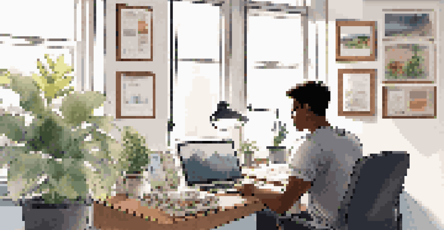 A young adult in a modern workspace analyzing investment options on a laptop with motivational posters and natural light.