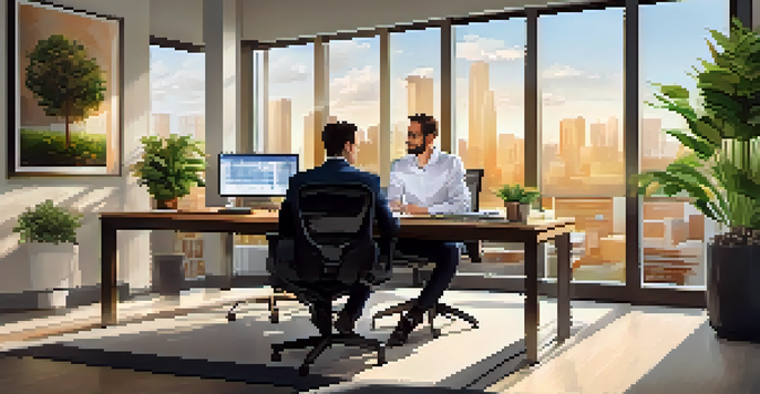 A financial advisor in a modern office discussing financial graphs with a client at a wooden desk, illuminated by natural light.