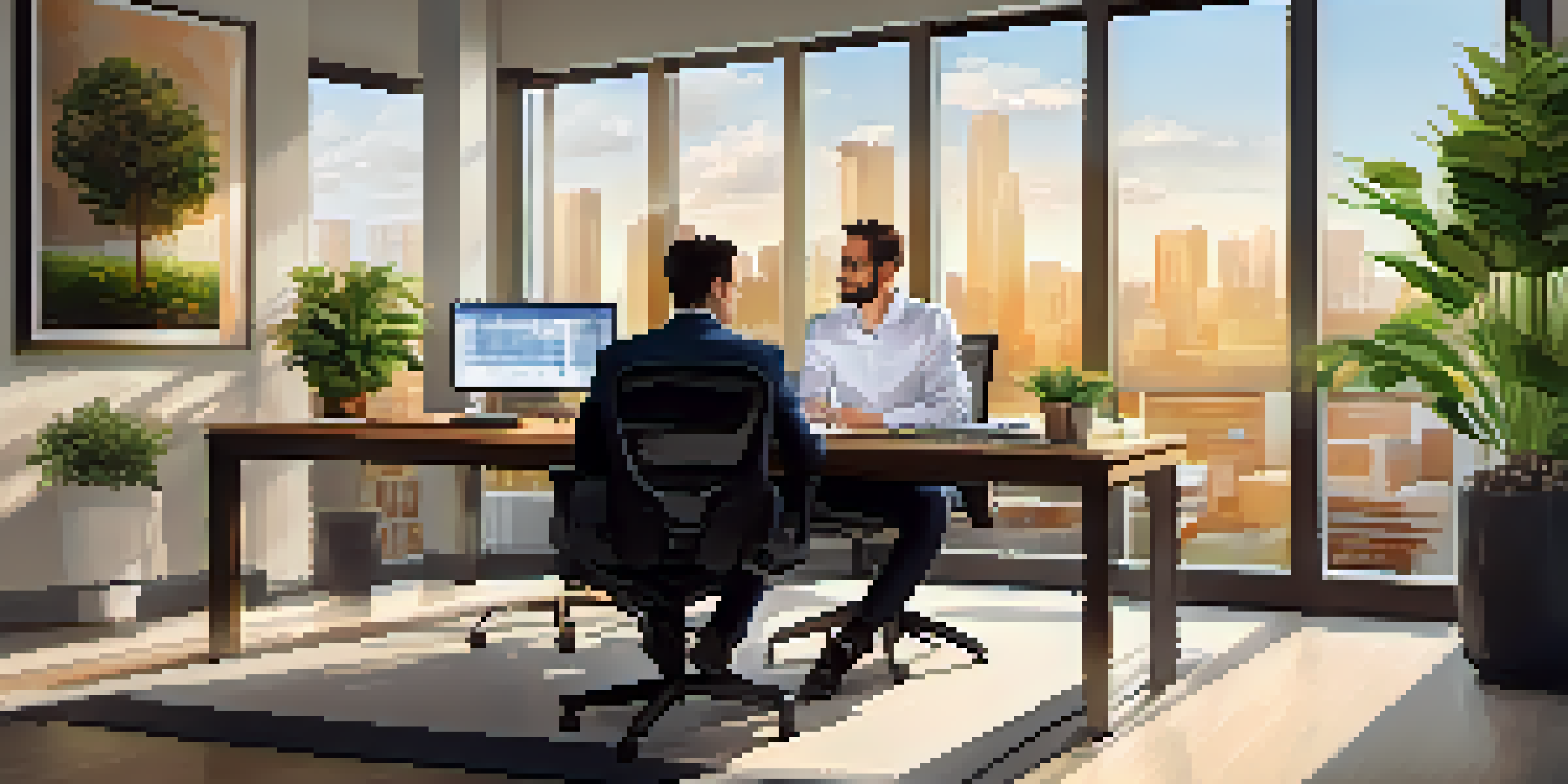 A financial advisor in a modern office discussing financial graphs with a client at a wooden desk, illuminated by natural light.
