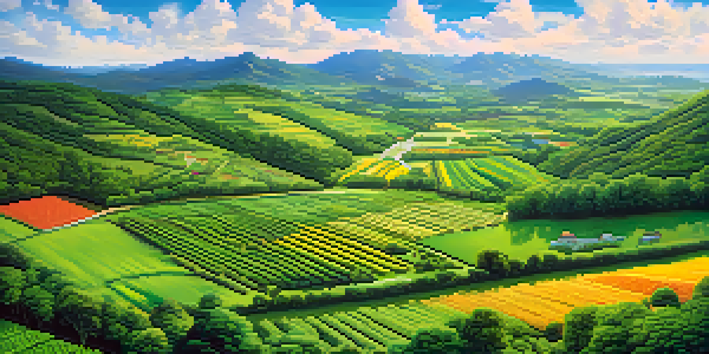 A peaceful valley with diverse crops representing different sectors of investment, under a bright blue sky with fluffy clouds.