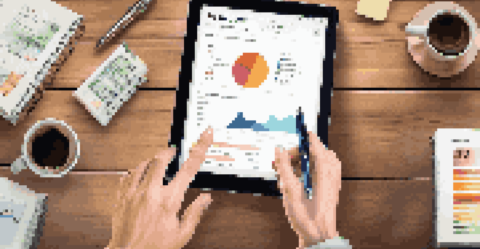 Close-up of hands using a tablet with a budgeting app on a wooden table, alongside a notebook and a cup of coffee.