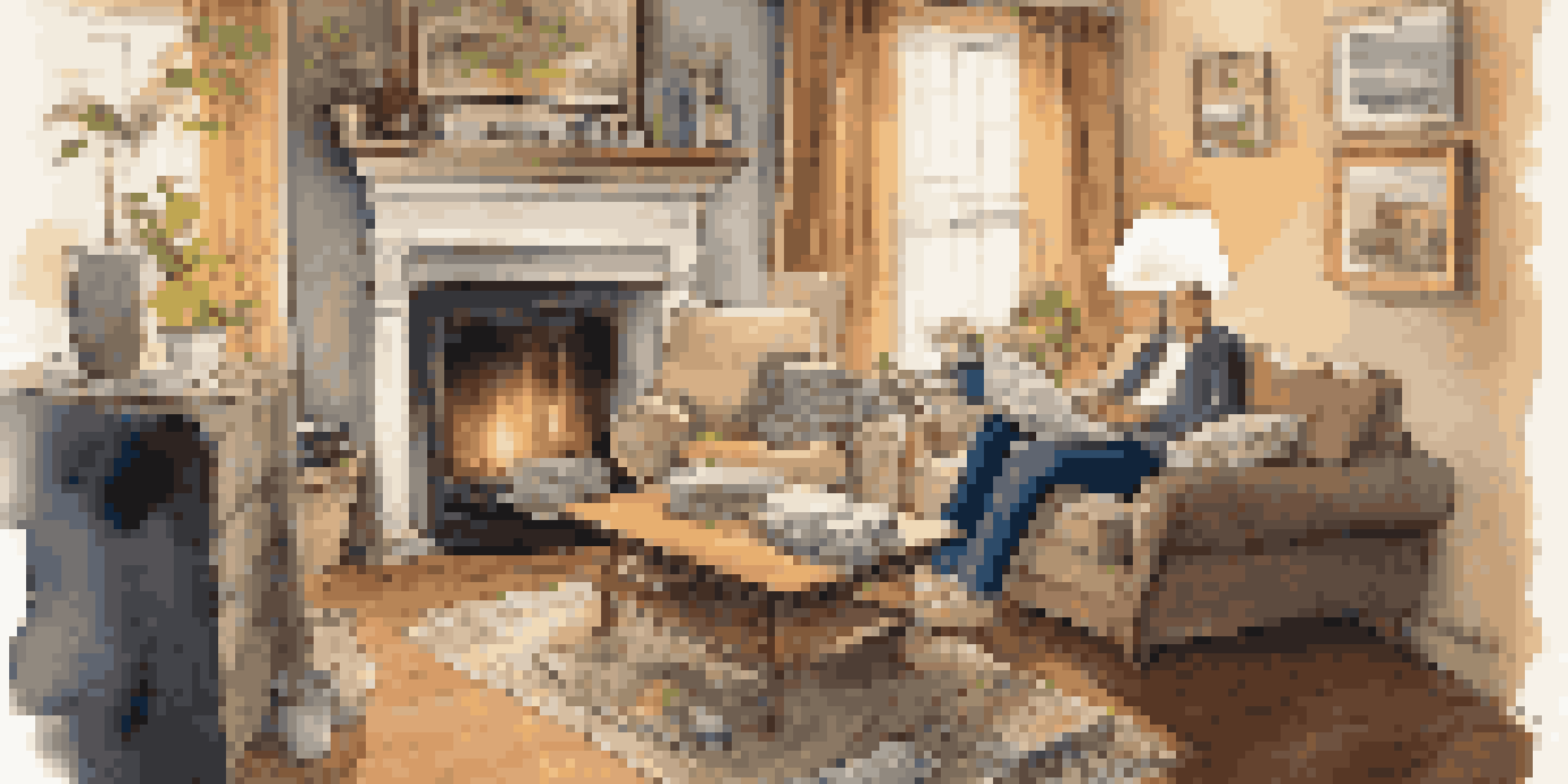A worried homeowner in a cozy living room looking at bills, with warm lighting and personal touches around.
