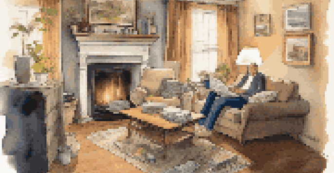A worried homeowner in a cozy living room looking at bills, with warm lighting and personal touches around.