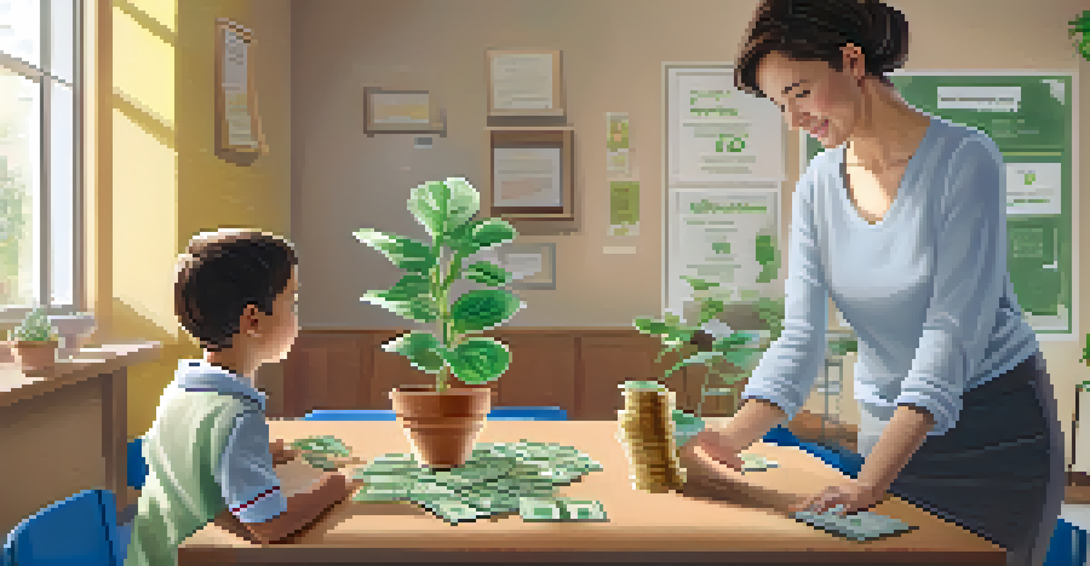 A parent teaching their child about investments using a plant and a coin in a classroom setting.