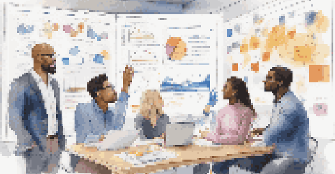 A group of diverse professionals collaborating in a bright room, discussing socially responsible investing with charts and colorful sticky notes on a whiteboard.