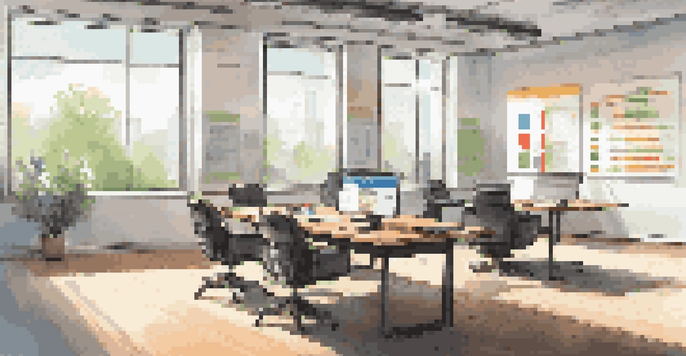 A bright office space featuring a wooden table with financial documents and a laptop, surrounded by modern chairs and adorned with motivational quotes.