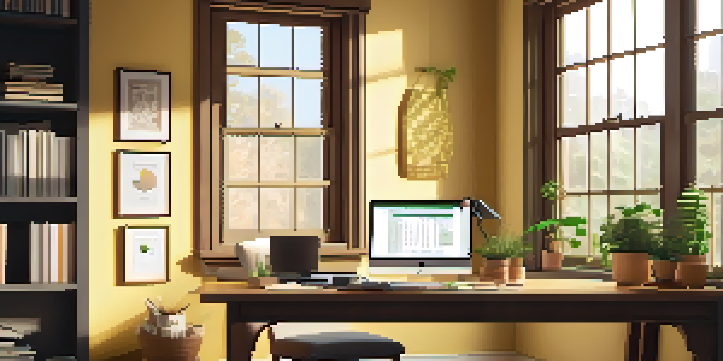 A warm and inviting home office with a desk, laptop, coffee cup, and notepad, illuminated by natural light.