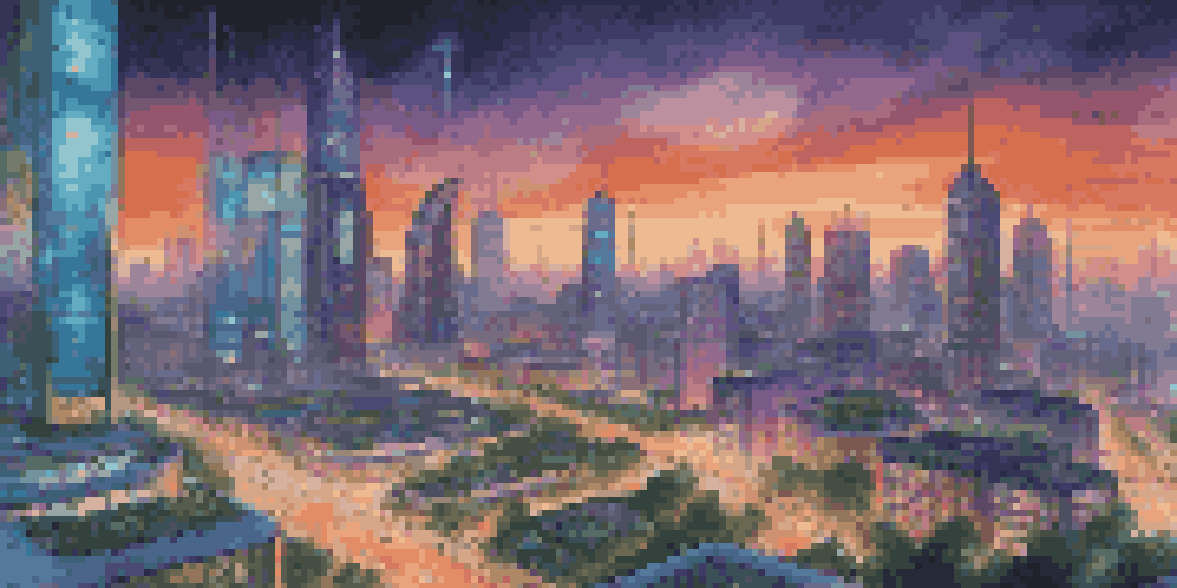 A futuristic smart city skyline at dusk with illuminated skyscrapers, smart traffic lights, and flying drones, showcasing a vibrant urban environment.