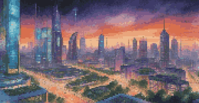 A futuristic smart city skyline at dusk with illuminated skyscrapers, smart traffic lights, and flying drones, showcasing a vibrant urban environment.