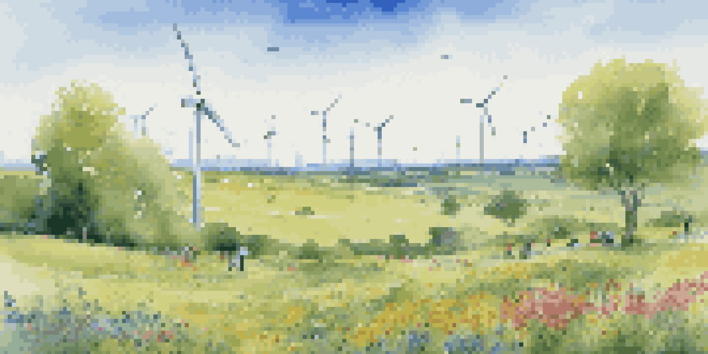 A vibrant green field with wind turbines in the background and people planting trees, representing environmental sustainability and social responsibility.