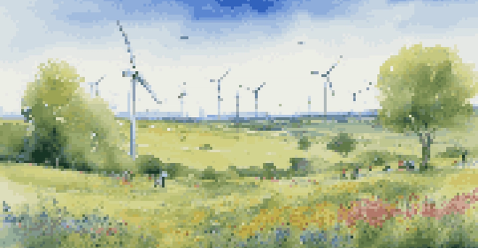 A vibrant green field with wind turbines in the background and people planting trees, representing environmental sustainability and social responsibility.