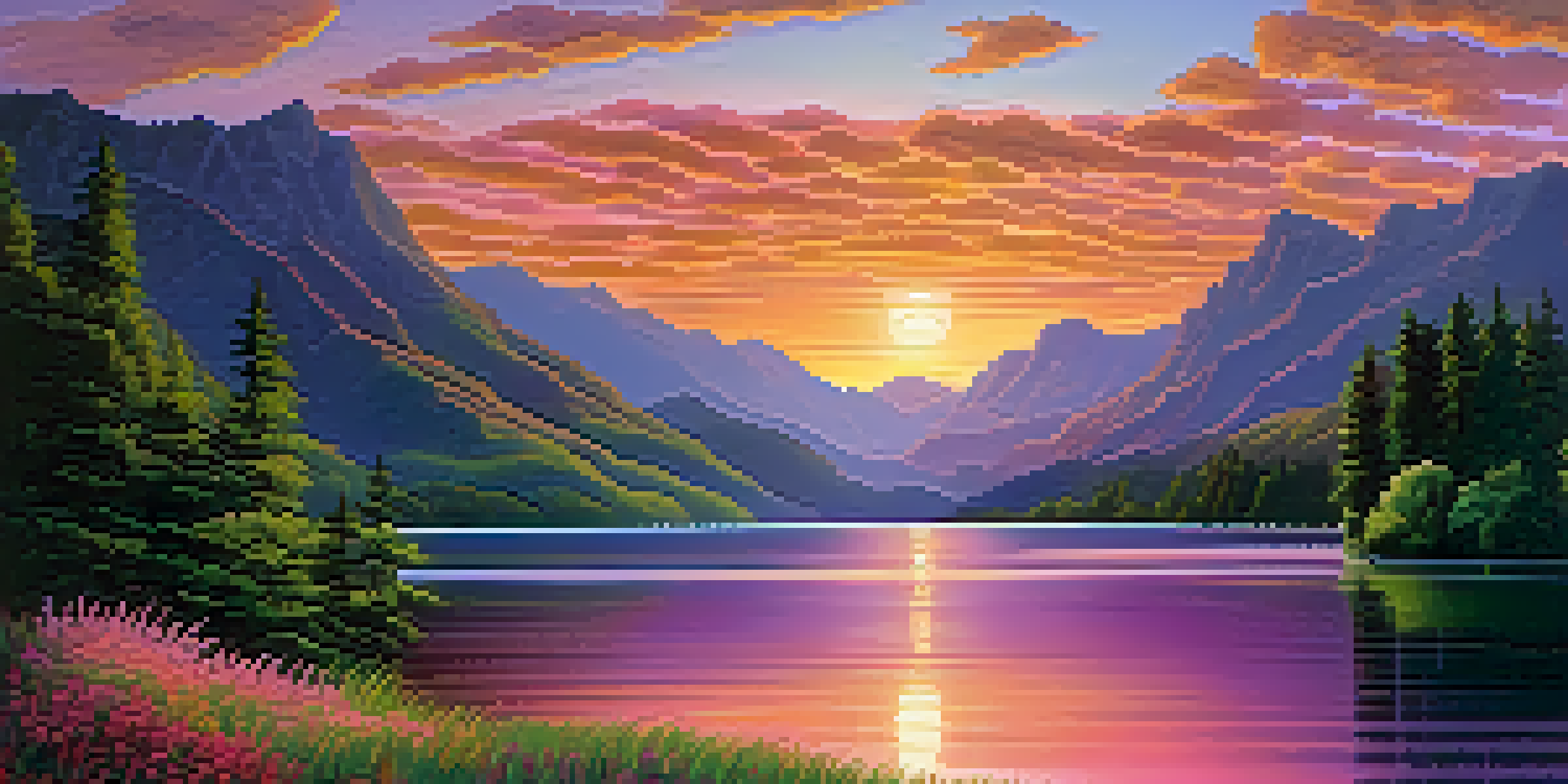 A peaceful lake scene at sunset with mountains in the background and colorful reflections on the water.