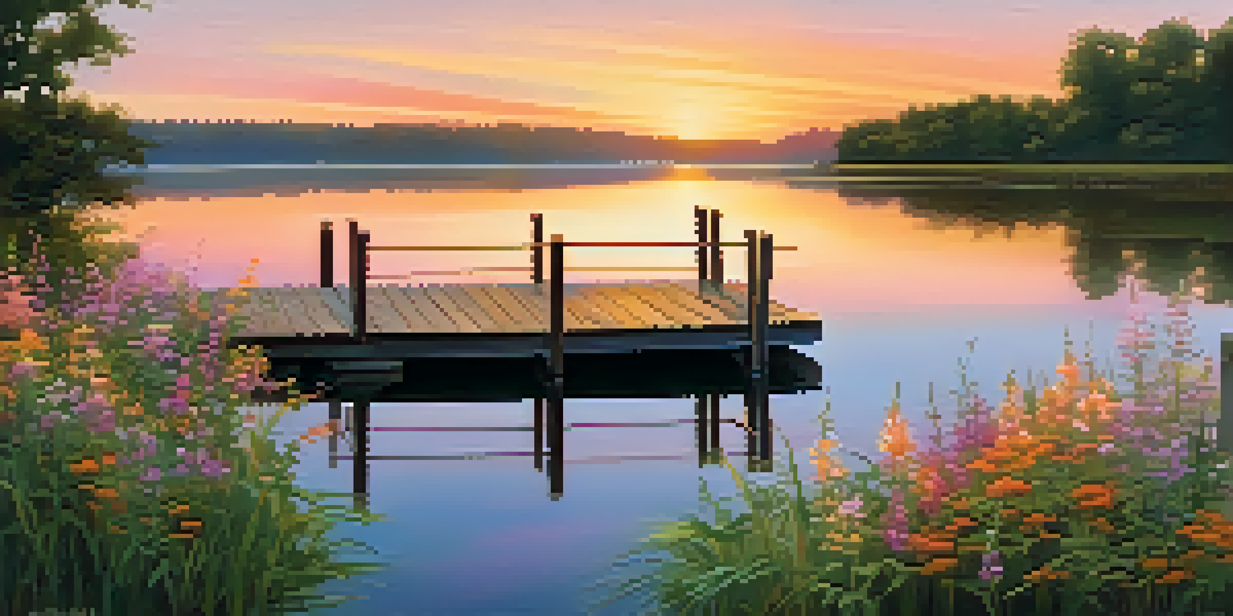 A tranquil lake surrounded by green trees and colorful flowers, with a wooden dock extending into the water during sunset.