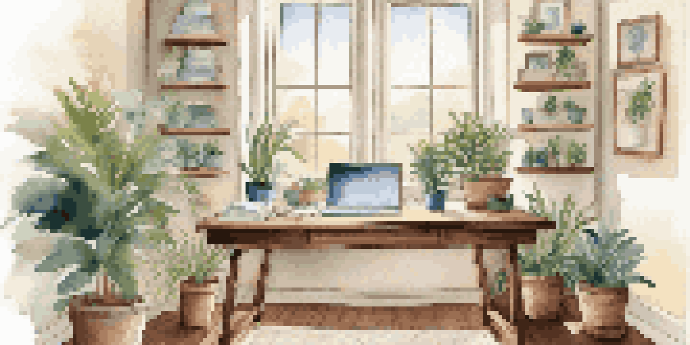A cozy home office with a wooden desk, laptop, potted plant, and organized insurance documents, illuminated by warm natural light.