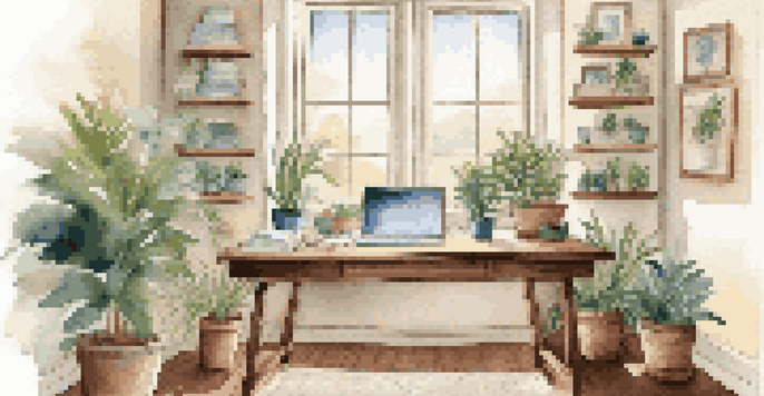 A cozy home office with a wooden desk, laptop, potted plant, and organized insurance documents, illuminated by warm natural light.