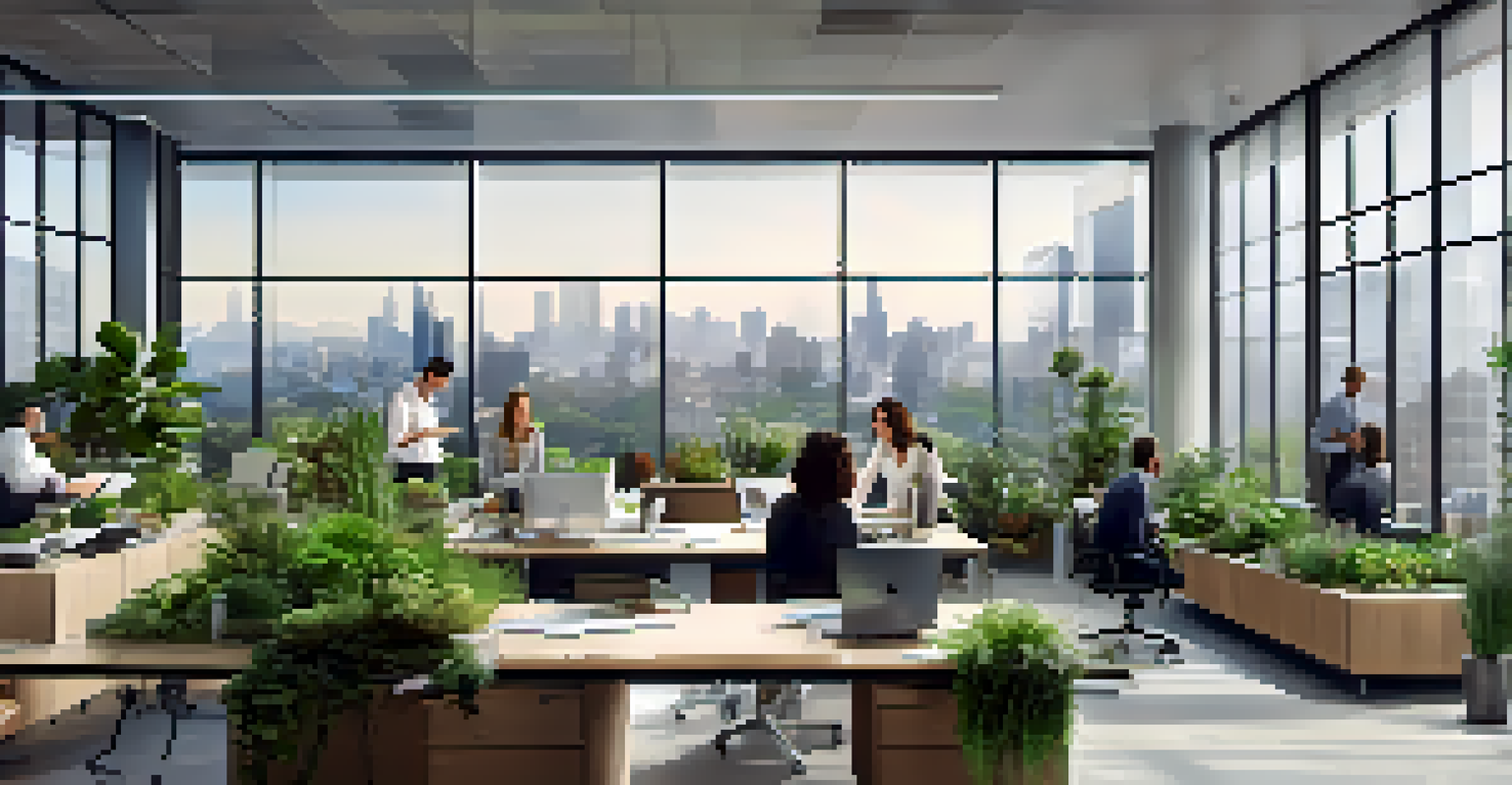 A diverse group of professionals collaborating in a modern office with plants, discussing ESG investing.