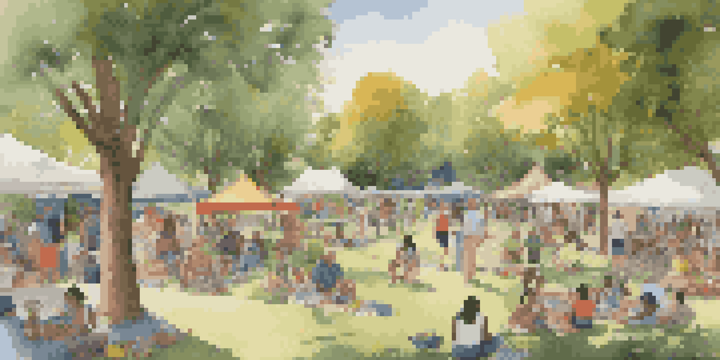 Aerial view of a diverse community gathering in a park with people of various ages enjoying a sunny day.
