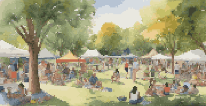 Aerial view of a diverse community gathering in a park with people of various ages enjoying a sunny day.