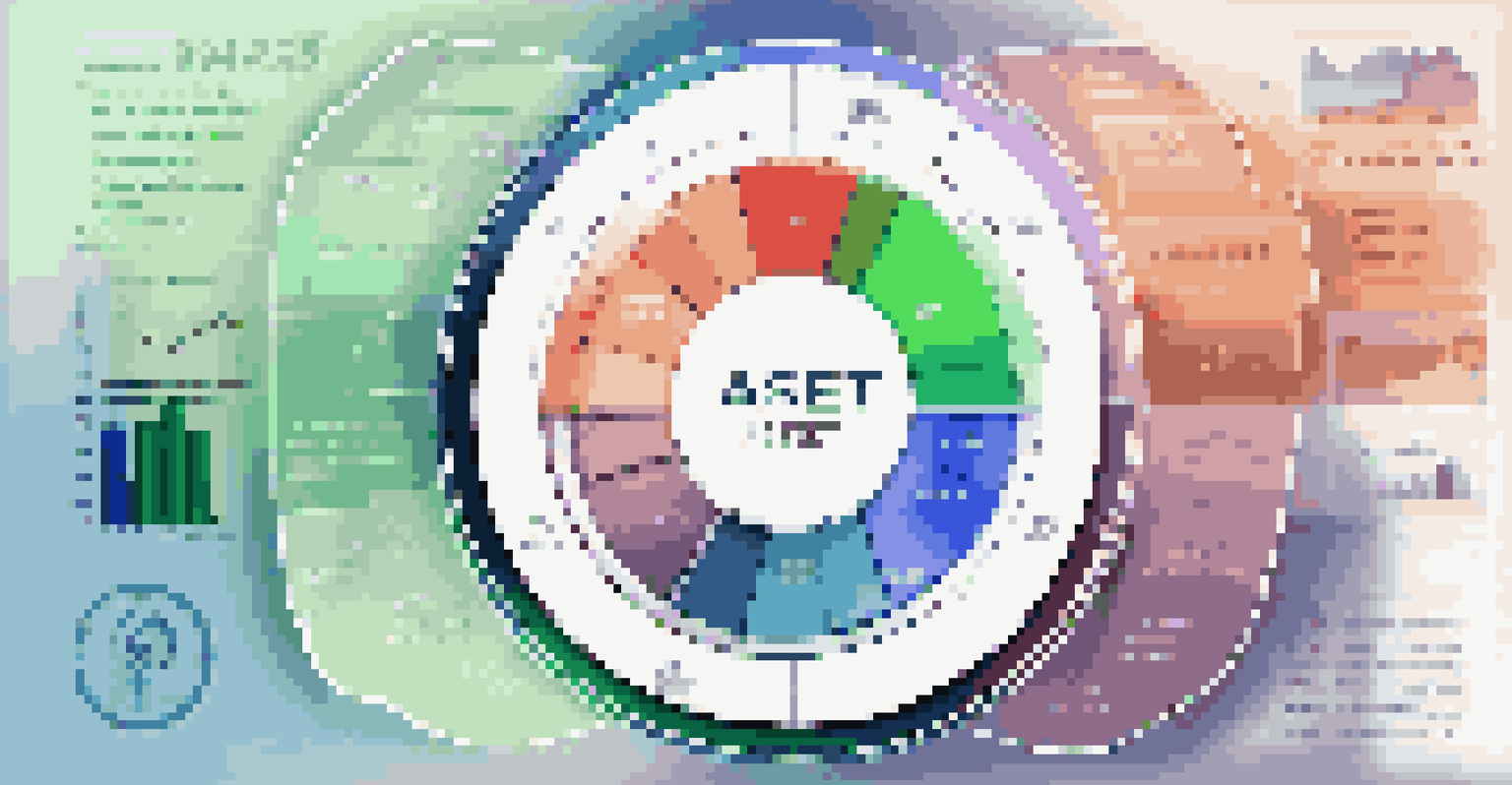 A colorful pie chart on a tablet showing a balanced investment portfolio, surrounded by symbols like stocks and bonds on a gradient background.