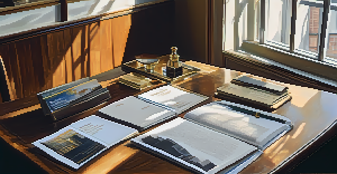 A desk with brochures about alternative investments, a gold bar, and a report, illuminated by soft morning light.