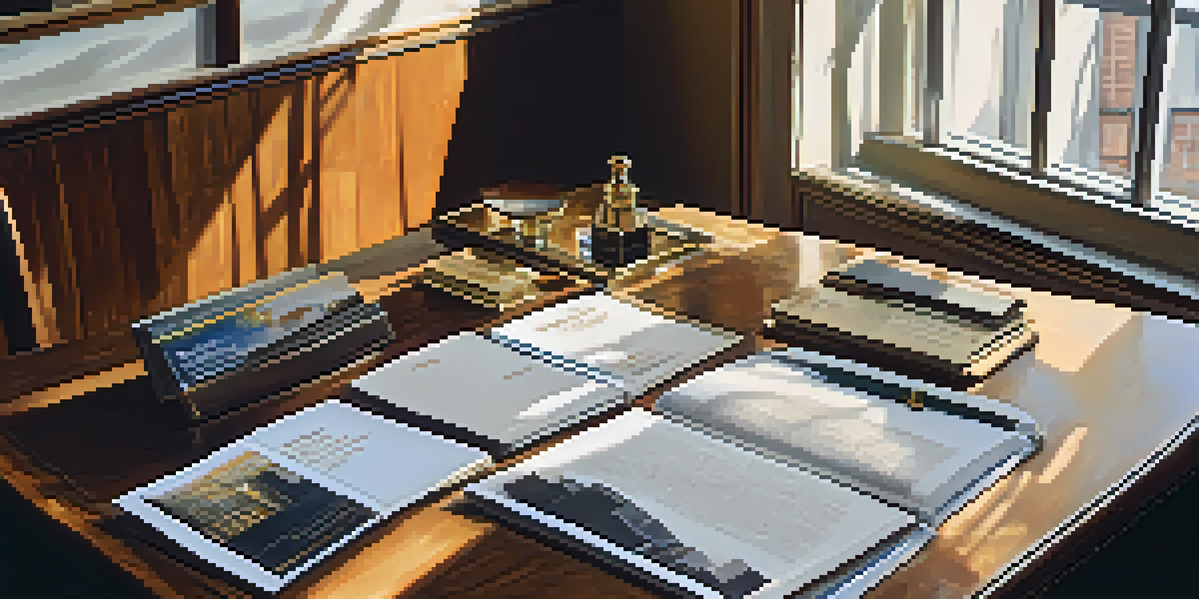 A desk with brochures about alternative investments, a gold bar, and a report, illuminated by soft morning light.