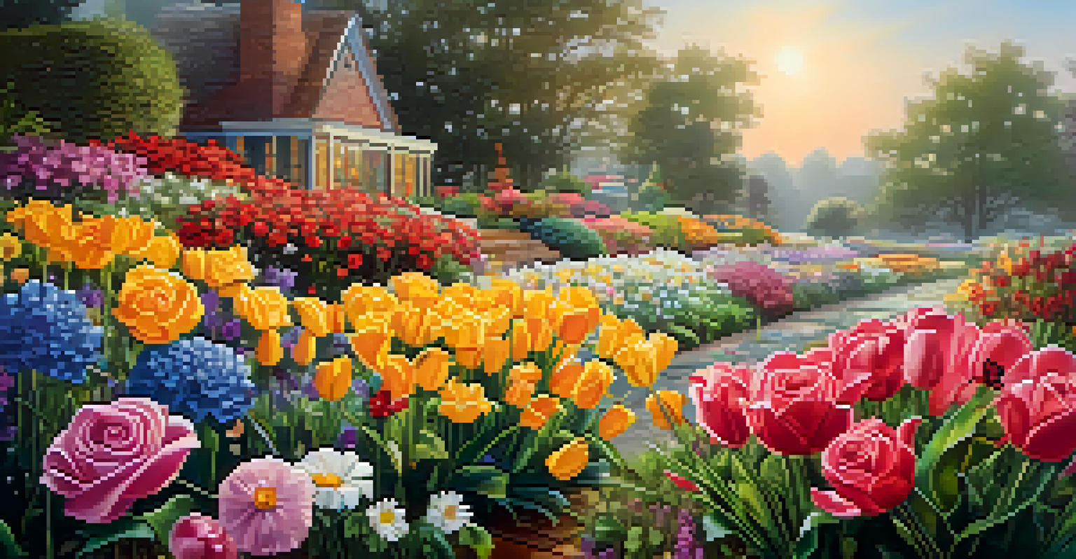 A close-up image of a colorful flower garden with dew drops on the petals and butterflies flying among the flowers.