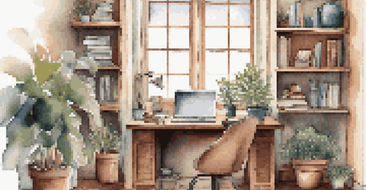A cozy home office with a wooden desk, laptop, coffee, and natural light coming in through a window.