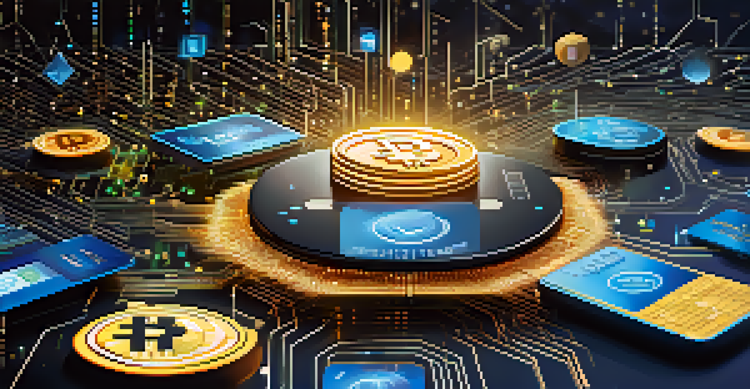 An abstract image showing floating icons of payment methods against a futuristic digital backdrop.