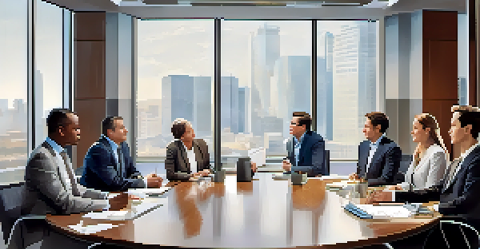 A diverse group of people in a bright conference room discussing investment strategies around a large table.
