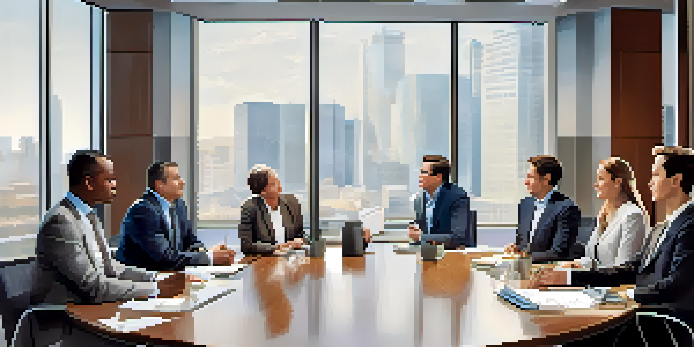 A diverse group of people in a bright conference room discussing investment strategies around a large table.