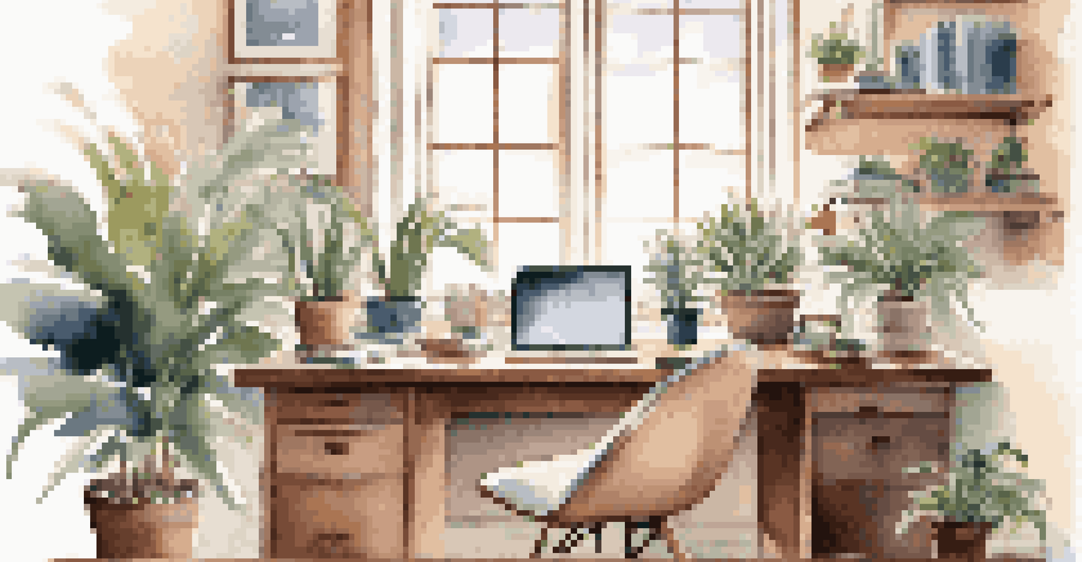 A peaceful home office with a wooden desk, laptop, plants, and a cup of coffee, bathed in soft morning light.