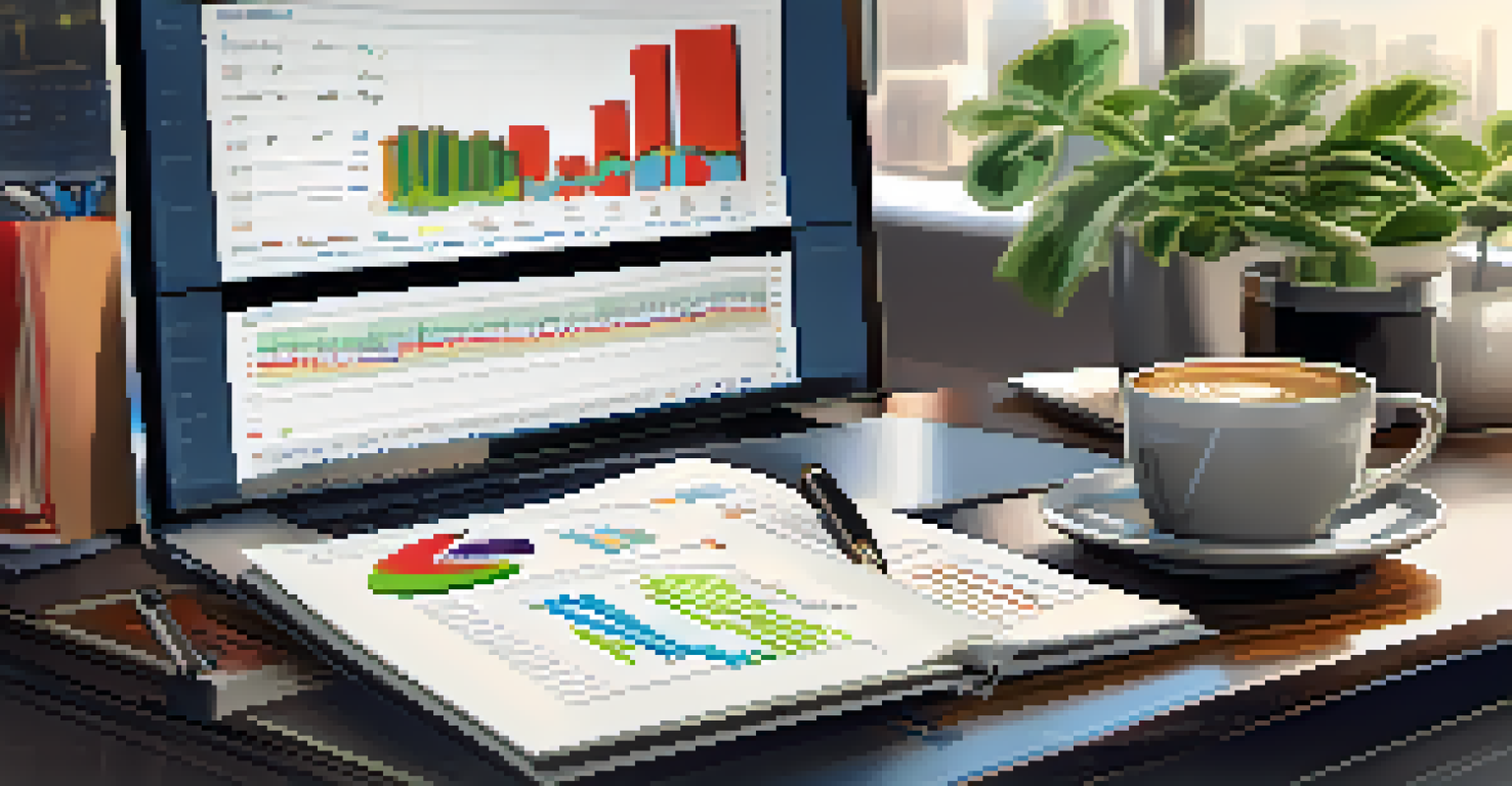 A close-up view of a financial analyst's desk with a laptop showing stock market graphs and a notepad.