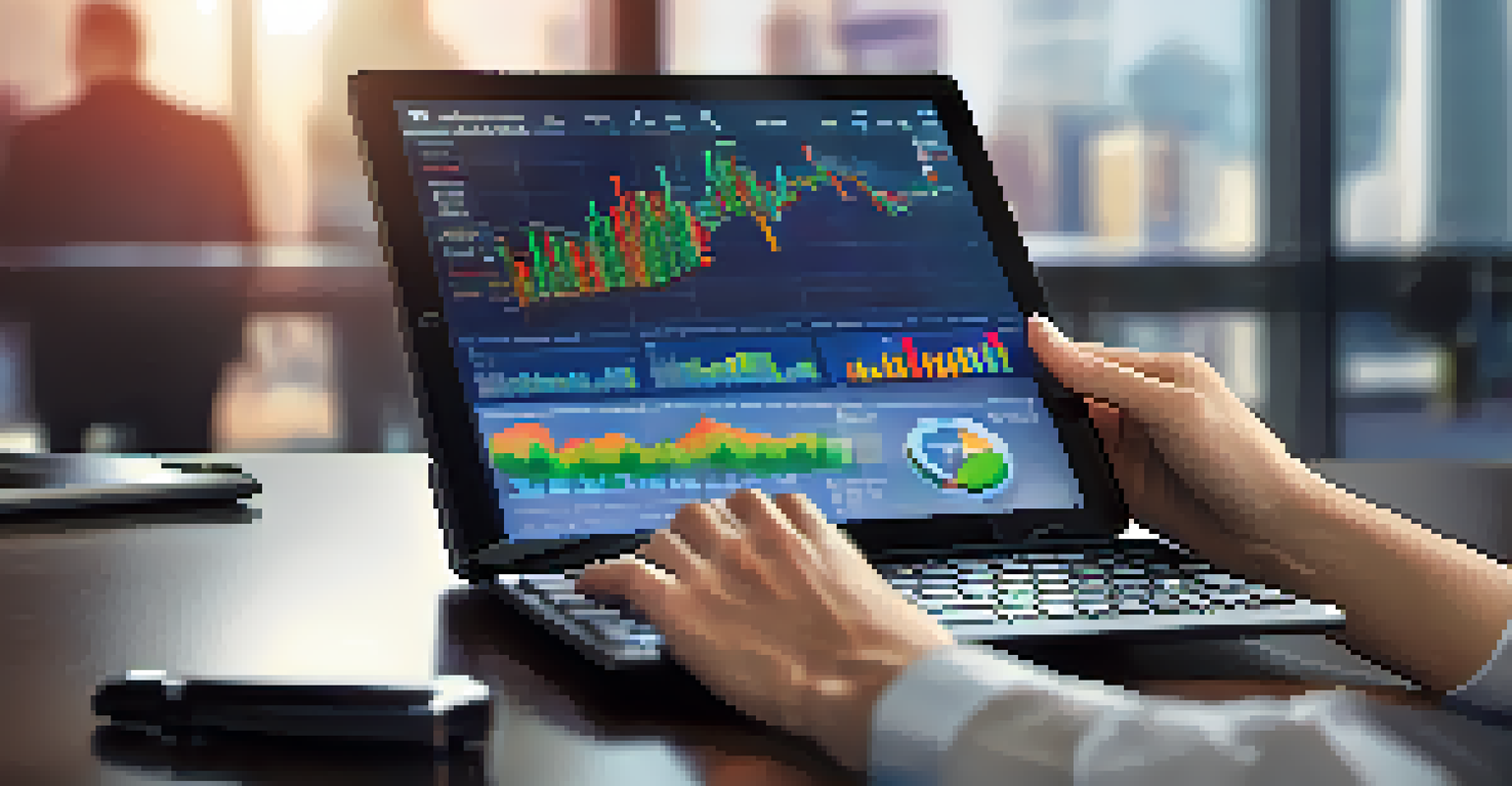 A digital tablet showing financial trading data and a professional in the background.