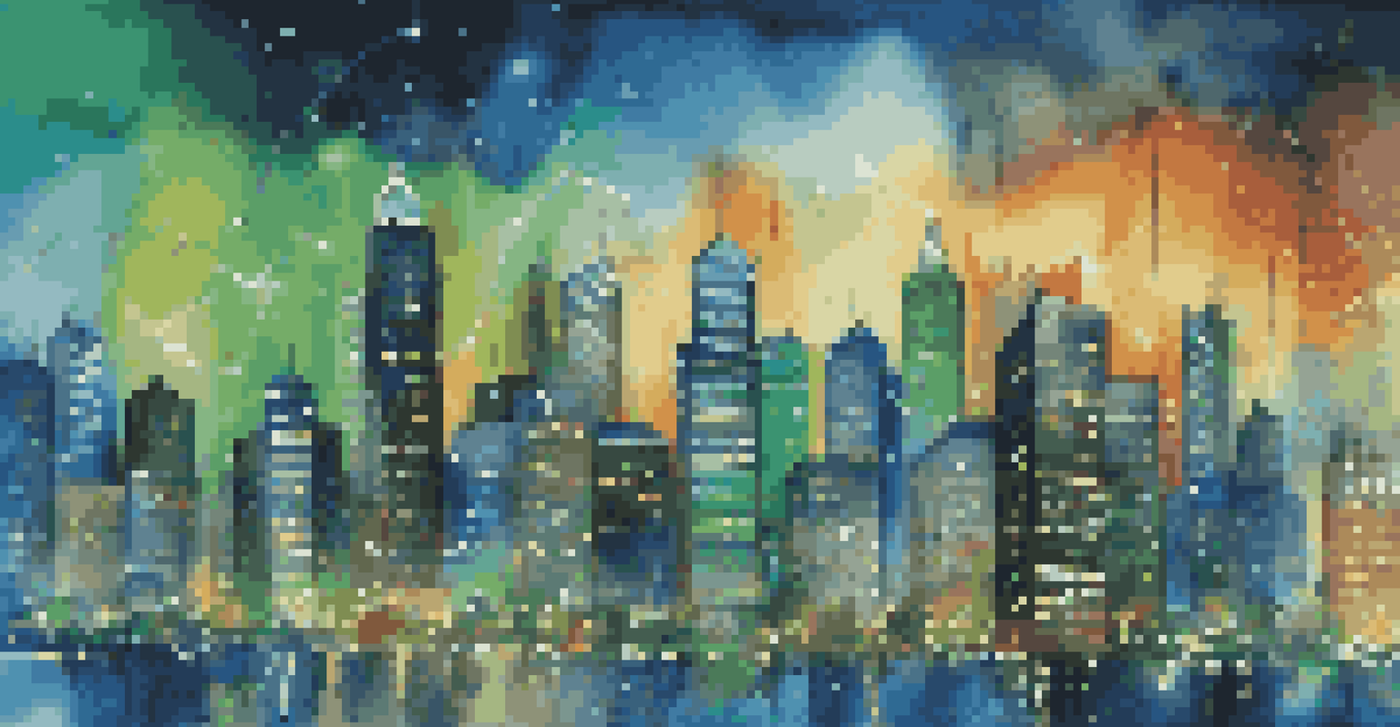 A city skyline at night with glowing lights and stock market graphs, illustrating the impact of central bank policies on global markets.
