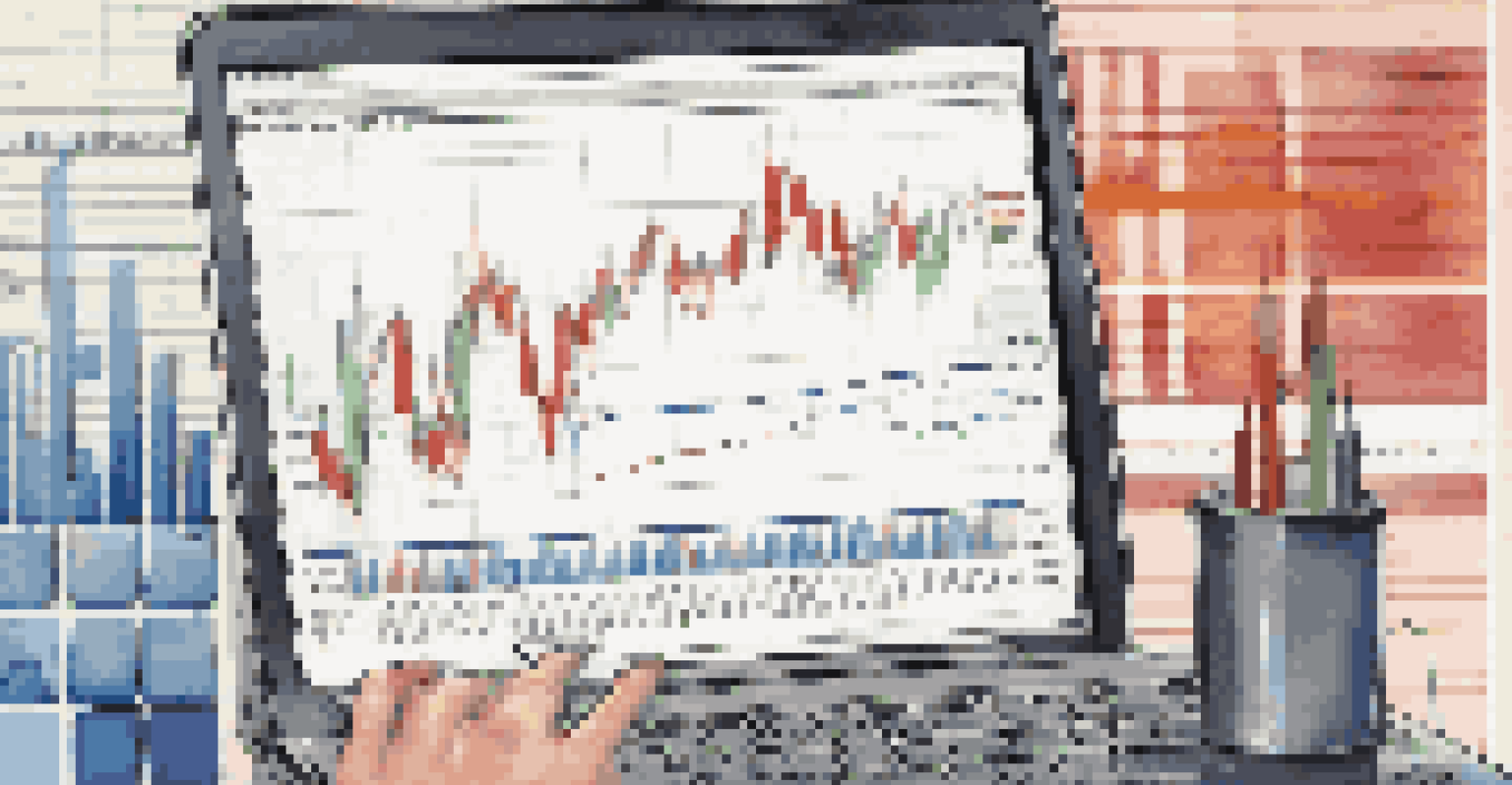 A close-up view of a stock market graph on a computer screen, surrounded by reflections of a trading floor and a hand taking notes.