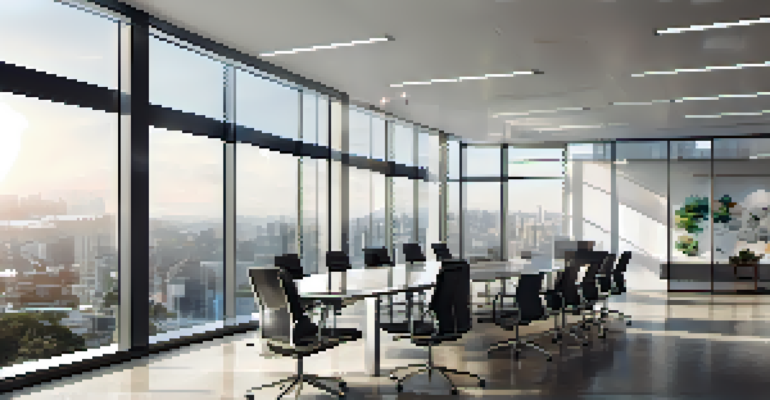 A modern office conference room with a glass table, ergonomic chairs, and a panoramic city view.