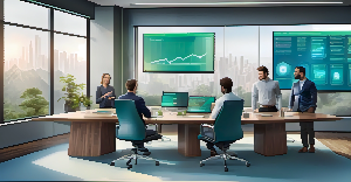 A diverse group of professionals discussing cryptocurrency compliance in a modern office with large windows and digital screens showing currency charts.