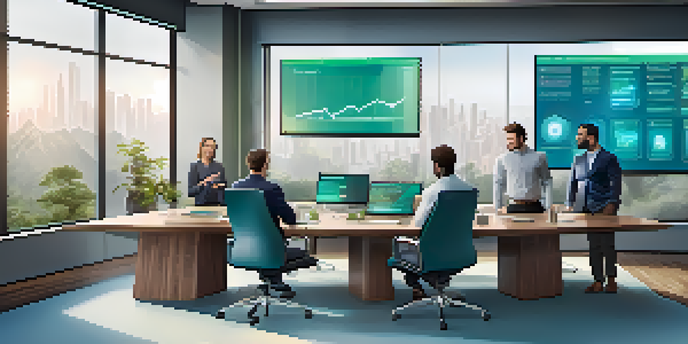 A diverse group of professionals discussing cryptocurrency compliance in a modern office with large windows and digital screens showing currency charts.