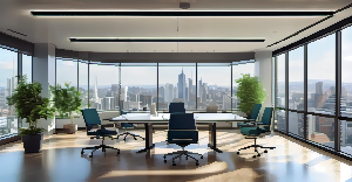 A bright modern office with a city skyline view, featuring a conference table with financial reports and a laptop.