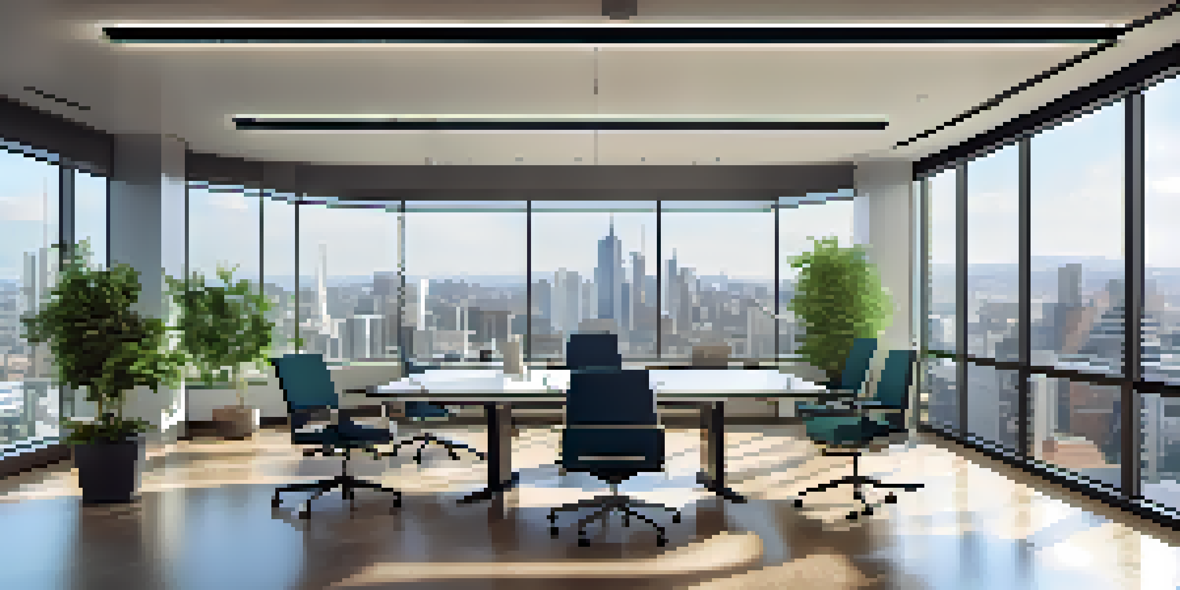 A bright modern office with a city skyline view, featuring a conference table with financial reports and a laptop.