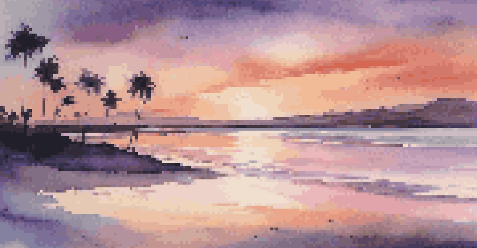 A tranquil beach at sunset with palm trees and colorful sky reflections on the water.