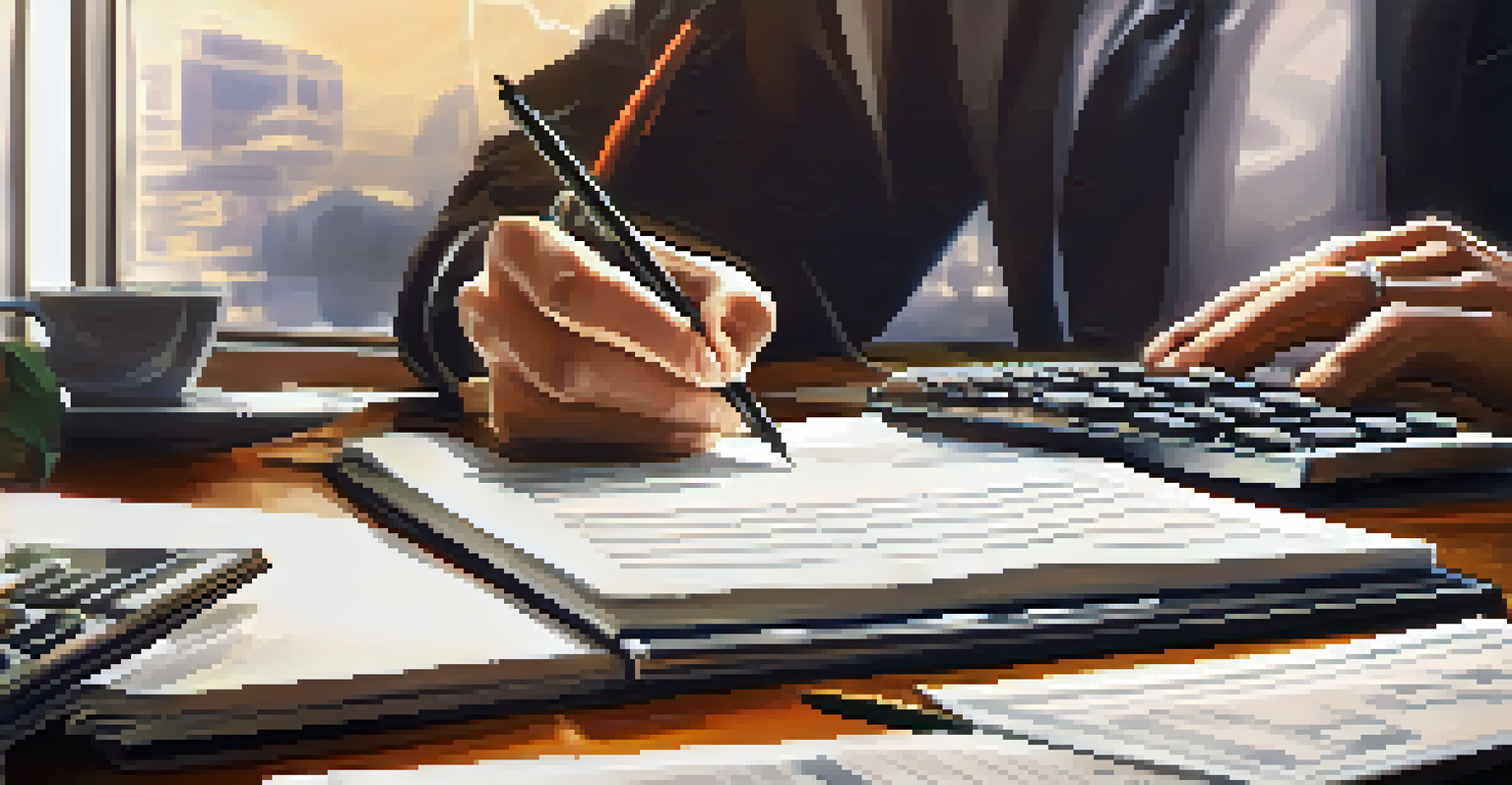 An analyst's hands taking notes on a notepad with a calculator and a laptop showing stock market graphs in the background.