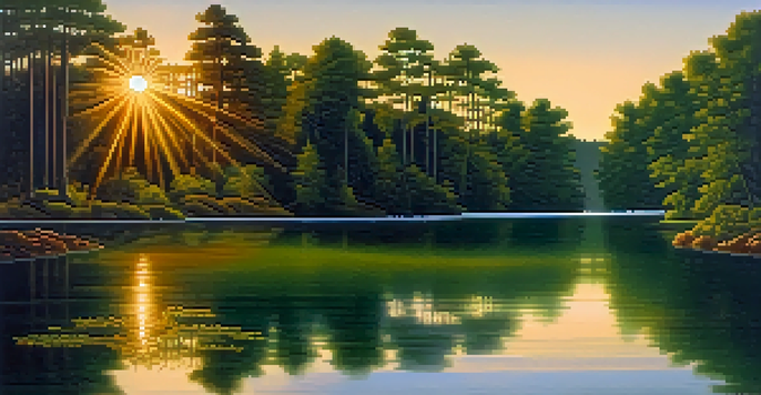 A peaceful lake scene with green forests and a sunset reflecting on the water.