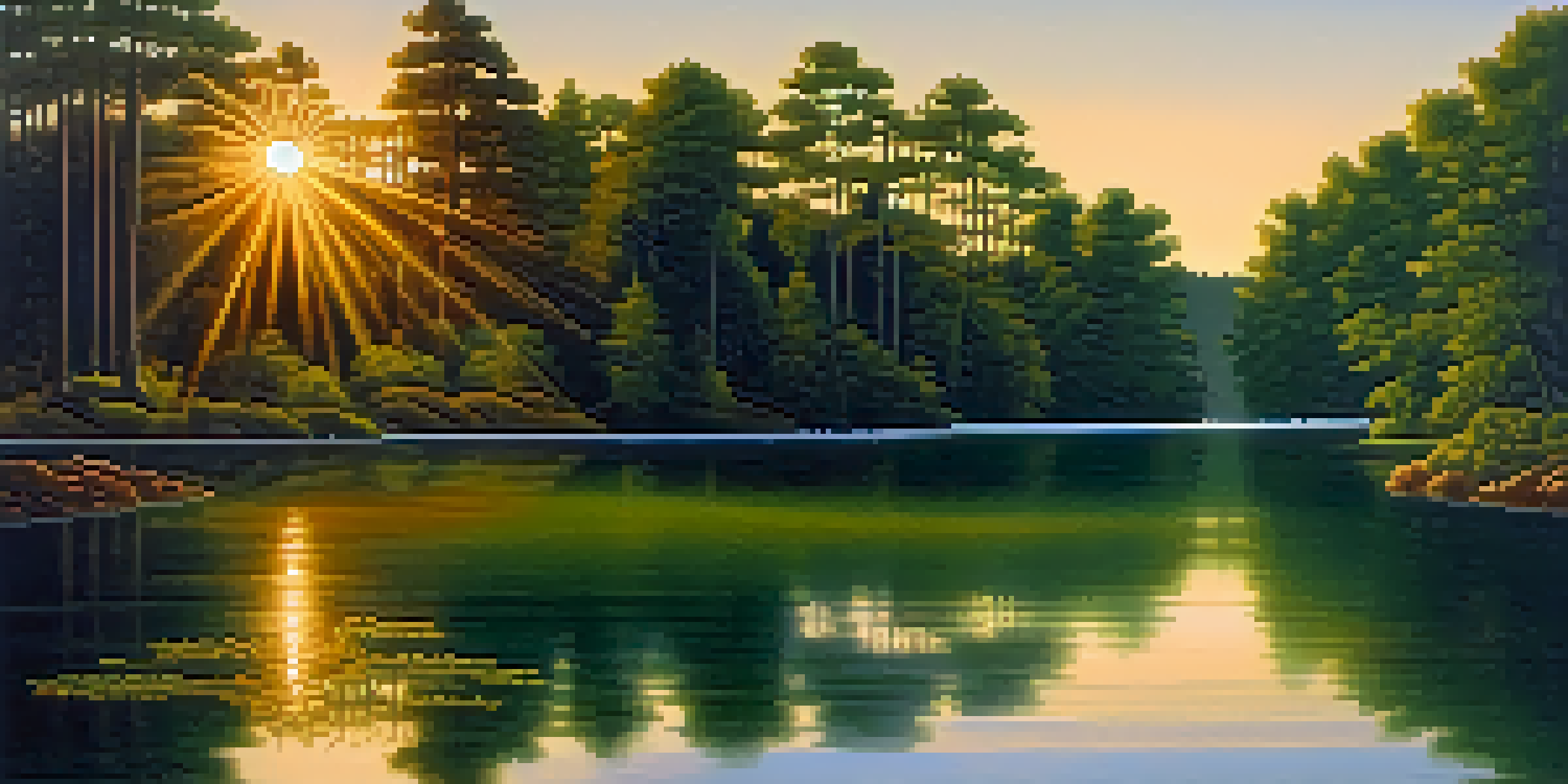 A peaceful lake scene with green forests and a sunset reflecting on the water.